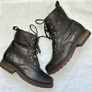 Frye Black Leather Moto Lace-Up Boots